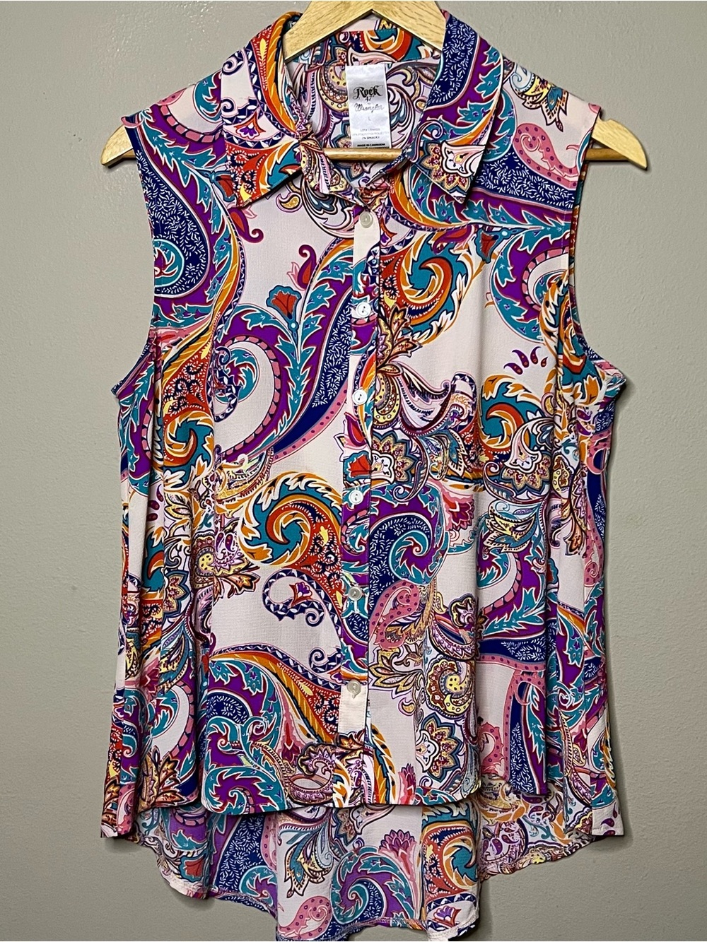 Rock 47 By Wrangler Paisley Button Up Sleeveless Blouse Women Large Purple Pink